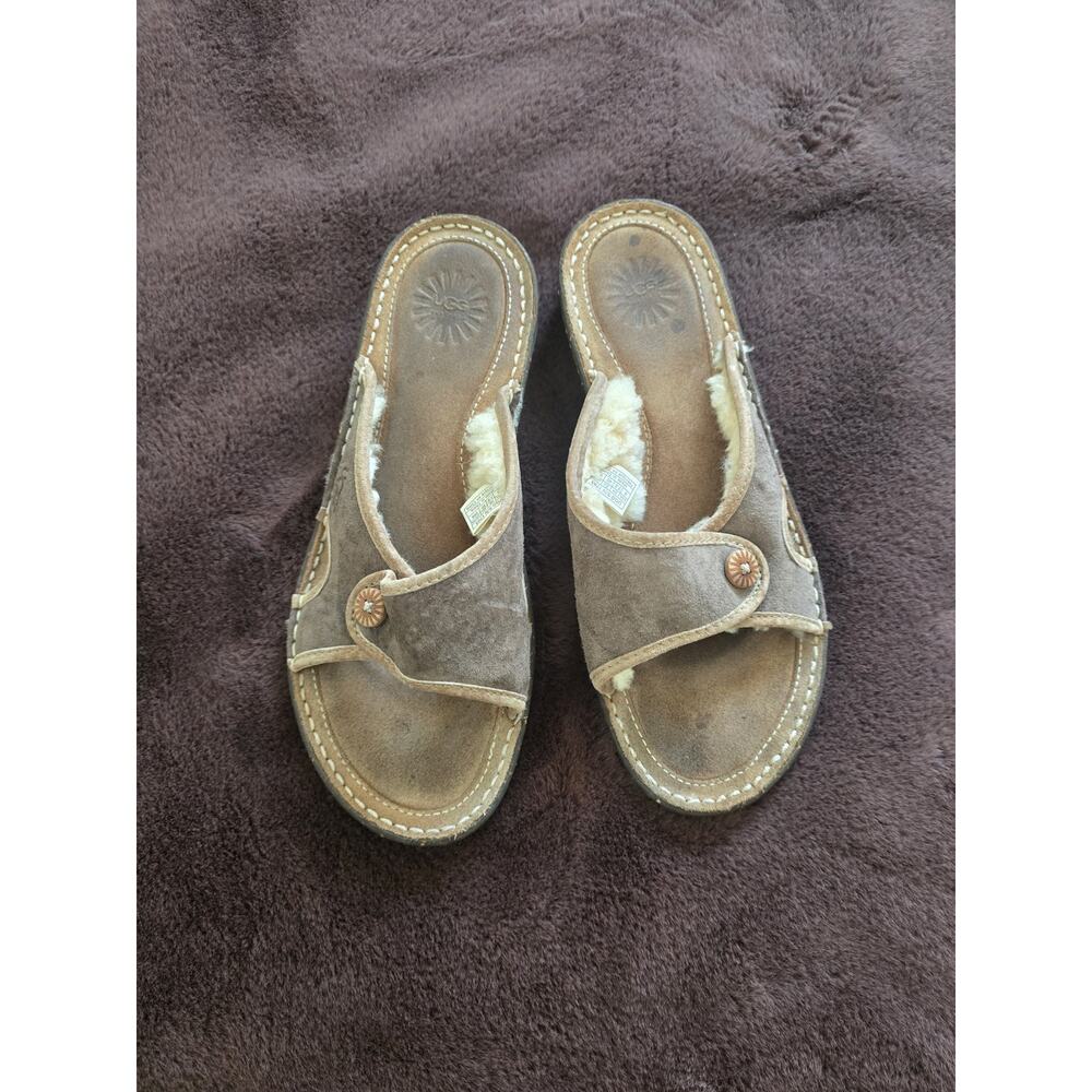 UGG Kalama Sandals Slides 1793 Brown Suede Sheepskin Shearling Lining Women's 9 - Picture 3 of 8